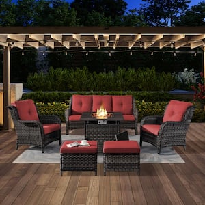 ArcoBay 6-Piece Gray Frame Wicker Patio Square Fire Pit Conversation Set with Red Cushions and Ottomans