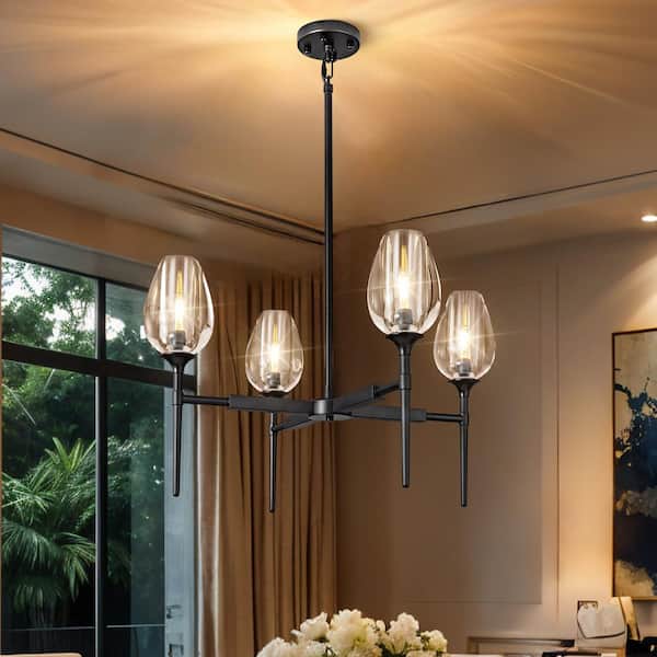 Modern Tulip Chandelier 27 in. 4-Light Black Tulip Round Chandelier for Dining Room, Living Room, Foyer, Hallway