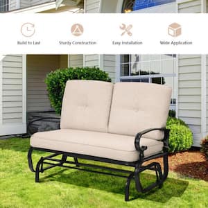 2 Seats Outdoor Metal Outdoor Rocking Chair Swing Glider Chair with Comfortable Beige Cushions
