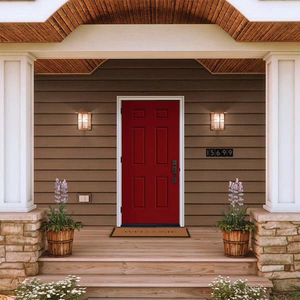 36 in. x 80 in. 6-Panel Cranberry Red Painted Steel Prehung Right-Hand Outswing Front Door with Brickmould