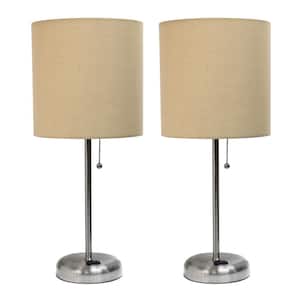 19.5 in. Brushed Steel and Tan Stick Lamp with Charging Outlet and Fabric Shade (2-Pack)
