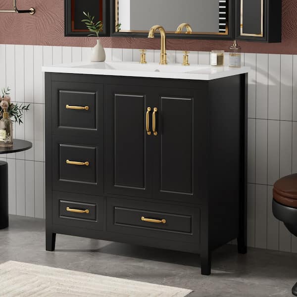 36 in. Freestanding Black Bath Vanity with White Resin Top, 4 Drawer and Door Bathroom Storage Cabinet Unassembled