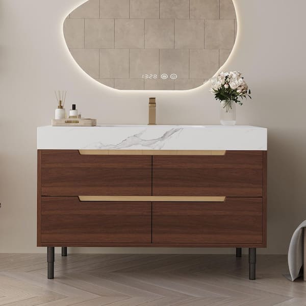 35.4 in. Single Sink Freestanding Walnut Bath Vanity with Marble White Cultured Marble Top