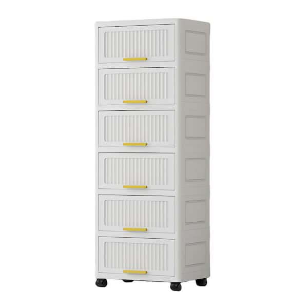 FUNKOL 10 in. W x 15 in. D x 55 in. H Ready to Assemble Floor Base 6-Layers Flip Open Storage Kitchen Cabinet White with Wheels