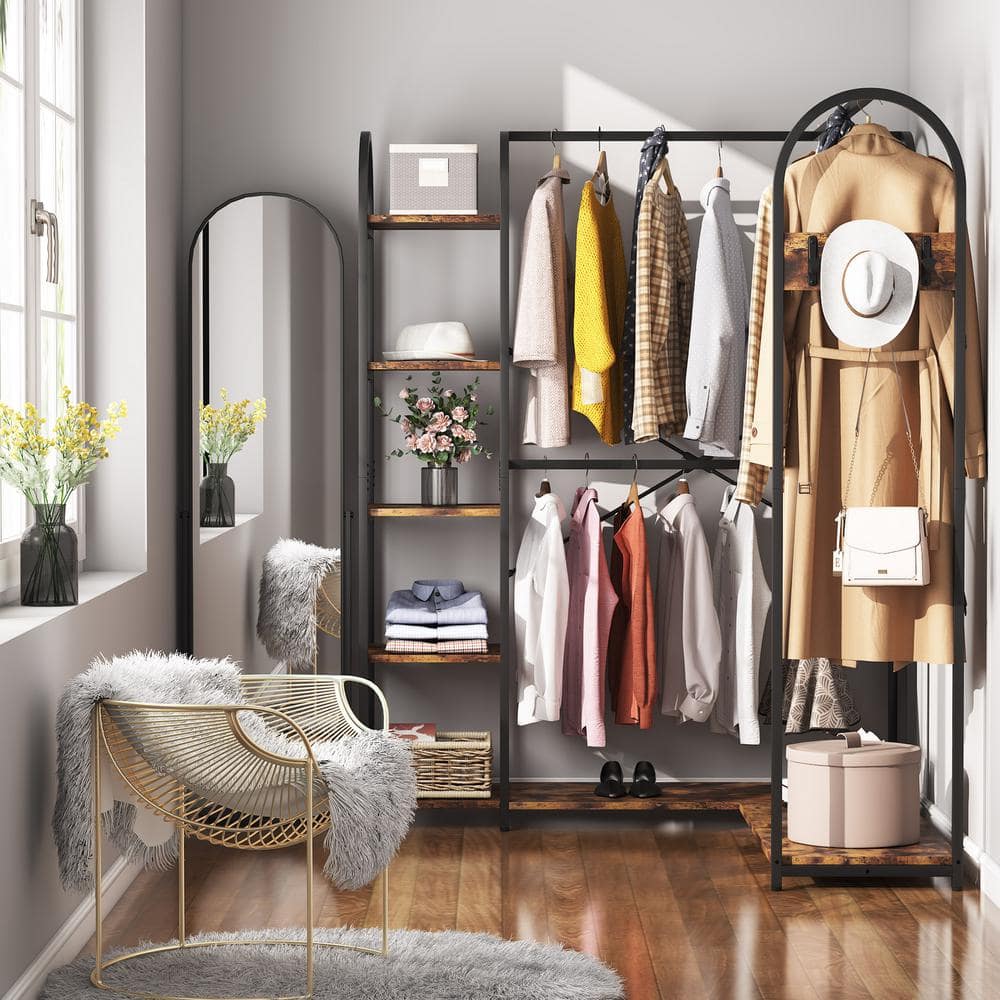 Carmalita Rustic Brown and Black L-Shaped Corner Garment Rack Closet Organizer with Storage Shelves and Coat Rack - thumbnail 3