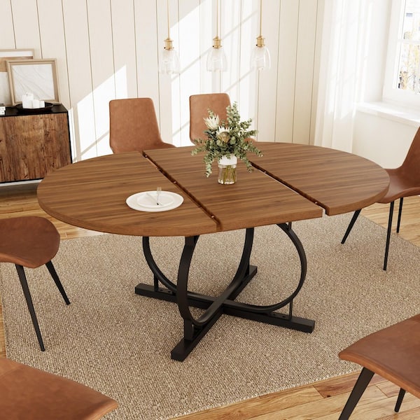 GOJANE 7-Pieces Round Walnut MDF Top Extendable Dining Table Set