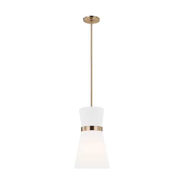 Generation Lighting Clark 1-Light Satin Brass Hanging Pendant with White Linen Shade