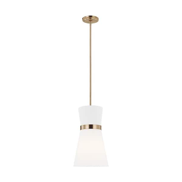 Generation Lighting Clark 1-Light Satin Brass Pendant with White Linen Shade and LED Light Bulb