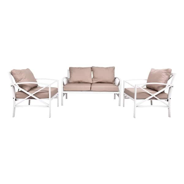 TIRAMISUBEST White Frame 3-Piece Metal Patio Conversation Seating Set with Beige Cushions
