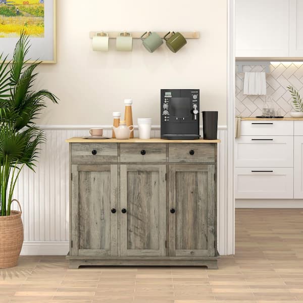 HOMCOM Distressed Light Gray Wood 39.75 in. Sideboard with 3-Doors and Drawers for Living Room