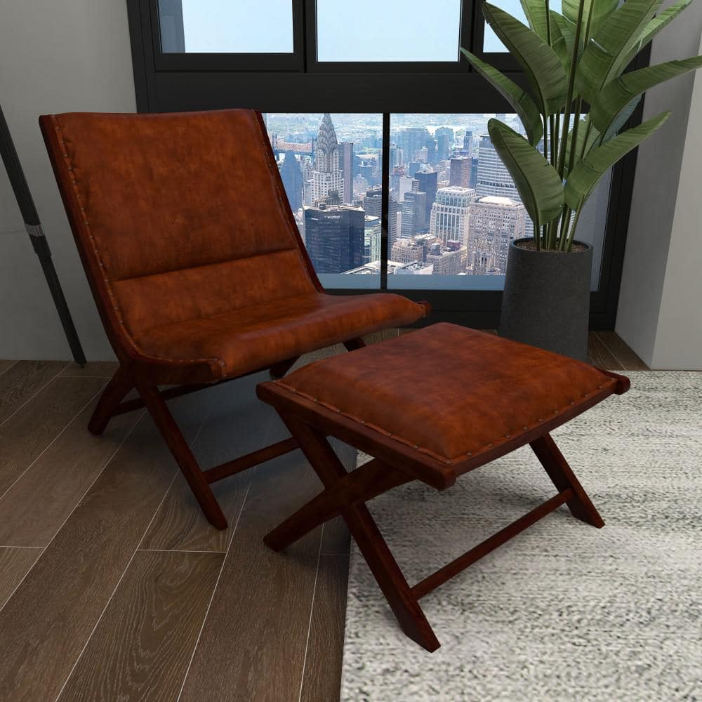 Set of 2 Brown Teak Wood Leather Accent Chairs with Ottoman