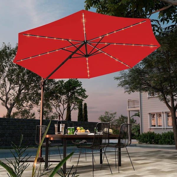10 ft. LED Round Cantilever Umbrella Solution-Dyed Fabric, Metal Frame and Innovative 360° Rotation System in Red