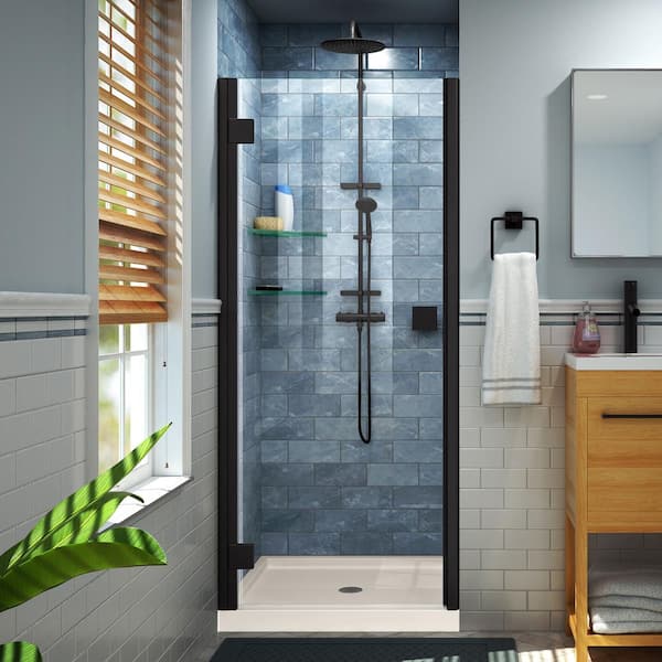 DreamLine Lumen 42 in. x 72 in. Semi-Frameless Hinged Shower Door in Matte Black with 42 in. x 36 in. Base in Biscuit