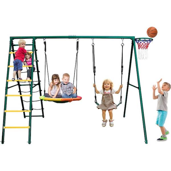 Multi-Colored Indoor, Outdoor Metal Swing Set with Safety Belt
