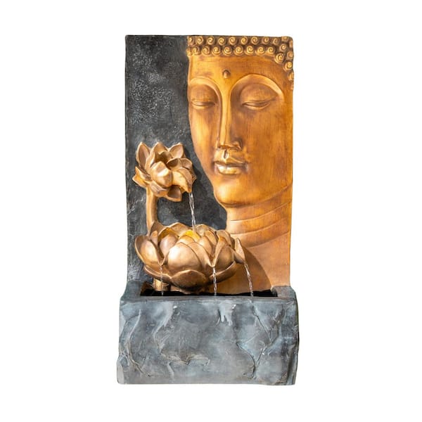 30" H Zen Buddha Face Water Fountain w/ LED Light & Pump, Waterfall, Bronze and Natural Grey Polyresin Fountain
