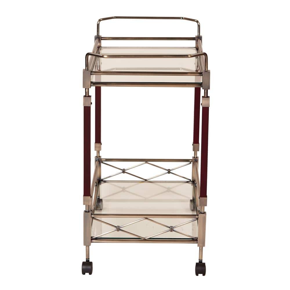 Walnut and Antique Brass Rectangular Serving Cart with Storage