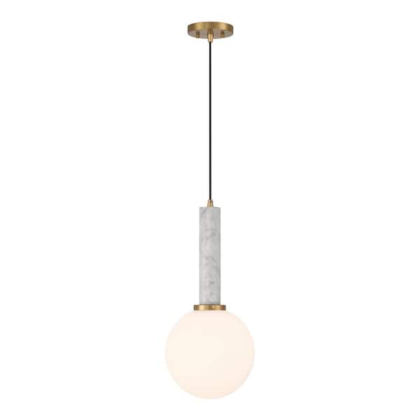 Savoy House Callaway 60-Watt 1-Light White Marble with Warm Brass Pendant Light with White Glass Shade, No Bulbs Included