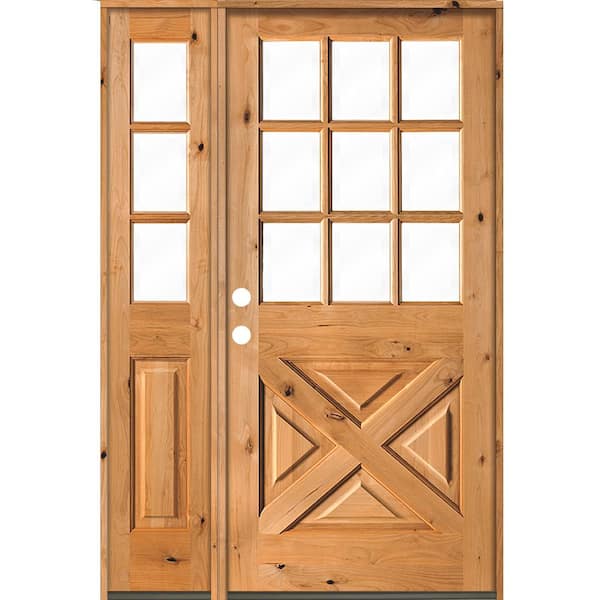 Krosswood Doors 46 in. x 80 in. Knotty Alder 2-Panel Right-Hand/Inswing Clear Glass Clear Stain Wood Prehung Front Door w/Left Sidelite