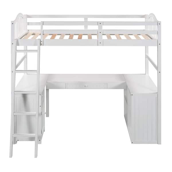 STICKON White Twin Size Wooden Loft Bed with Drawers, Cabinet, Shelves and Desk