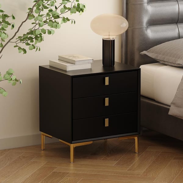 FUFU&GAGA Black Wood 3-Drawers 19.6 in. W Nightstand, End Table, Chest of Drawers for Bedroom
