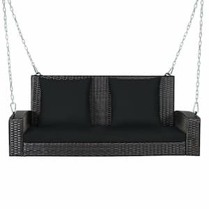 2-Person Patio Rattan Porch Swing with Black Cushions