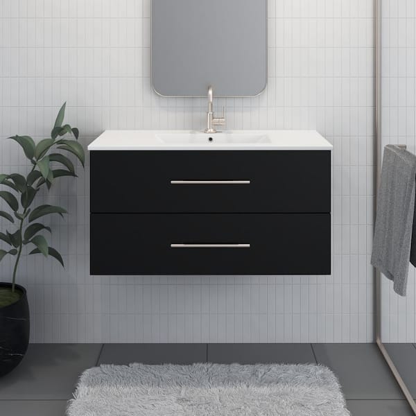 Napa 36 in. W x 18 in. D Bath Vanity in Glossy Black with Ceramic Vanity Top in White with White Basin