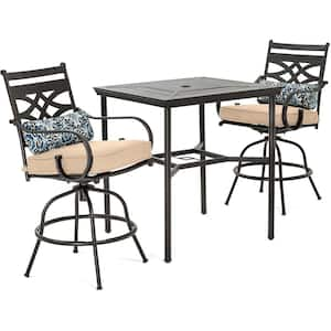 Montclair 3-Piece Metal Outdoor Bar Height Dining Set with Country Cork Cushions, Swivel Rockers and Table