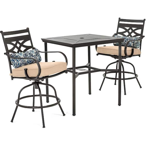 Hanover Montclair 3-Piece Metal Outdoor Bar Height Dining Set with Country Cork Cushions, Swivel Rockers and Table