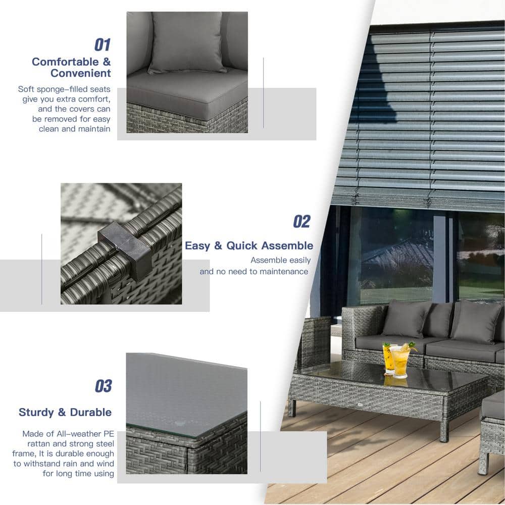 Gray 7-Person PE Rattan Outdoor Sectional Sofa Set with Cushions