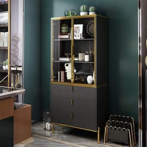 Black and Gold 71.9 in. H Wooden Storage Cabinet, Bookcase, Sideboard with Tempered Glass Doors, 3-Drawer and 3-Shelf