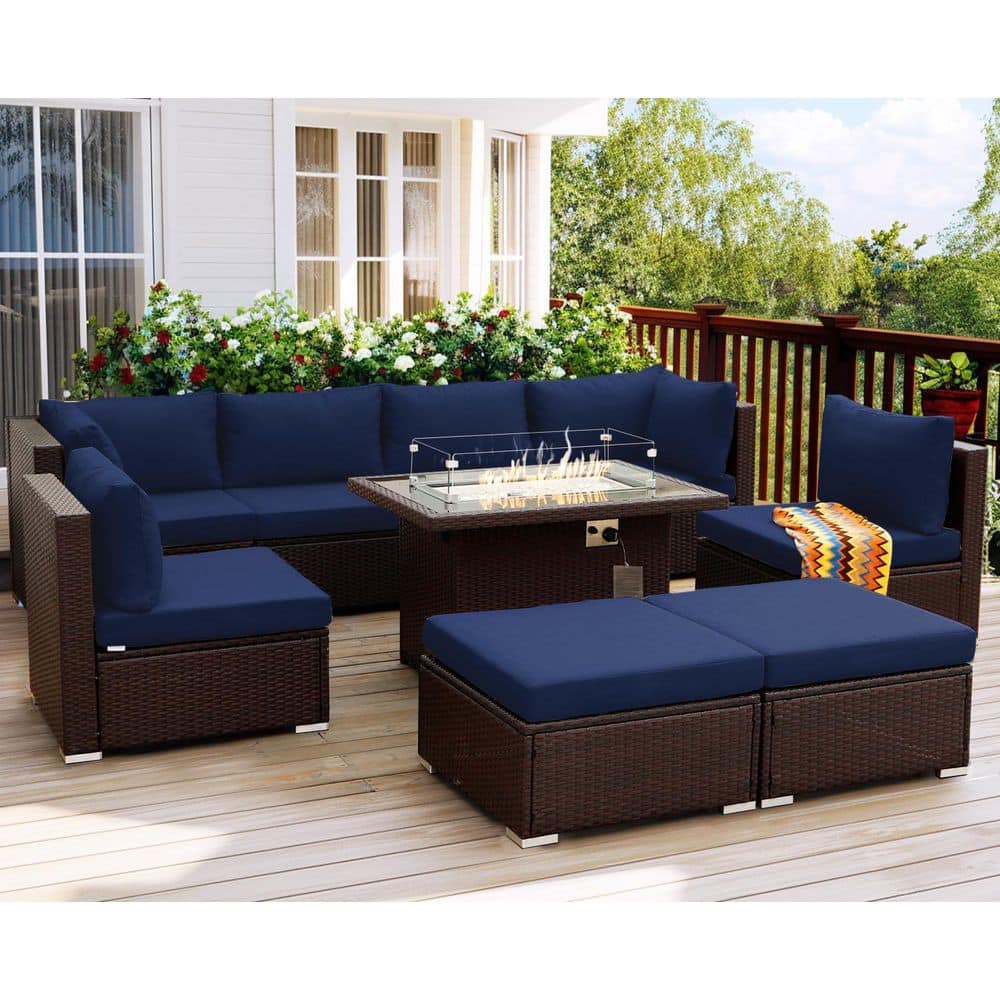 Luxury 9-Piece Brown Wicker Outdoor Fire Pit Sectional Deep Seating Sofa Set with Navy Blue Cushions and Ottomans price history on PriceWatchPro