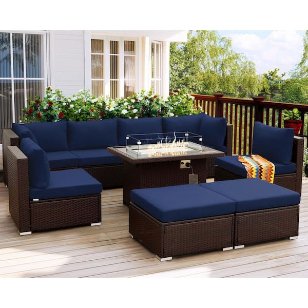 FINCATI Luxury 9-Piece Brown Wicker Outdoor Fire Pit Sectional Deep Seating Sofa Set with Navy Blue Cushions and Ottomans