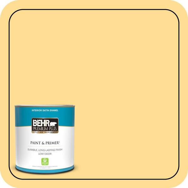 BEHR PREMIUM PLUS 1 qt. #320B-4 Lemon Pound Cake Satin Enamel Low Odor Interior Paint & Primer