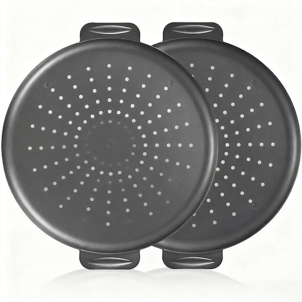 14 in. 0.8 mm Carbon Steel Perforated Nonstick Pizza Pan 2-Pack for Oven, Wider Handles, Round Baking Sheet in Grey