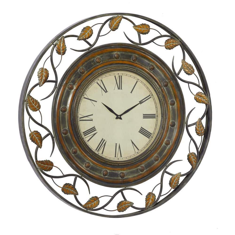 36'' Brown Metal Leaf Medallion Wall Clock with Scrolled Vines