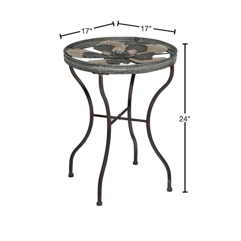 Round Weathered Metal and Glass Floral Accent Table