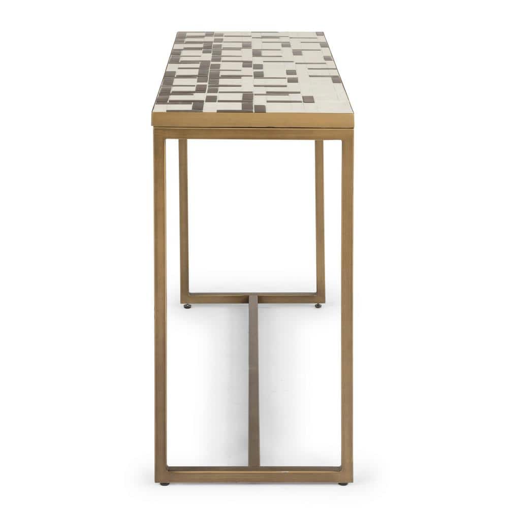 Geometric Mosaic Cream and Gold Tile Console Table with Brushed Brass Base