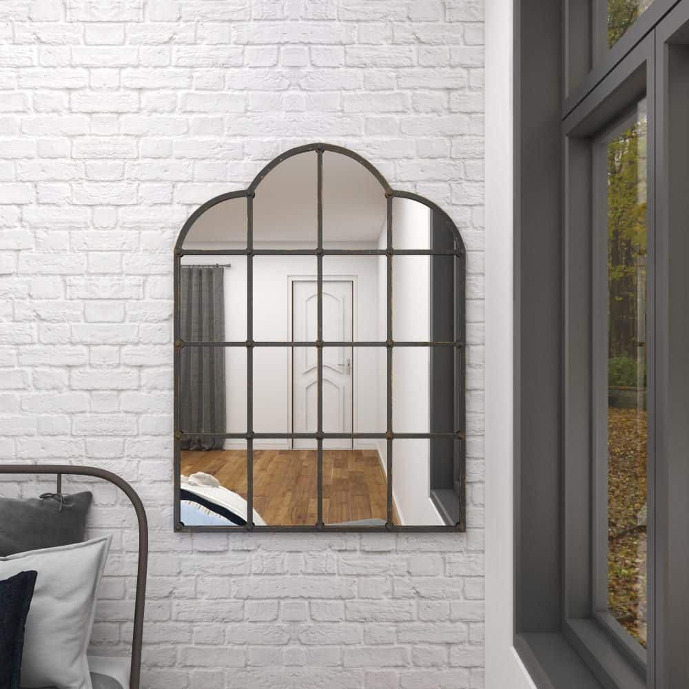 Arched Black Metal Window Pane Wall Mirror