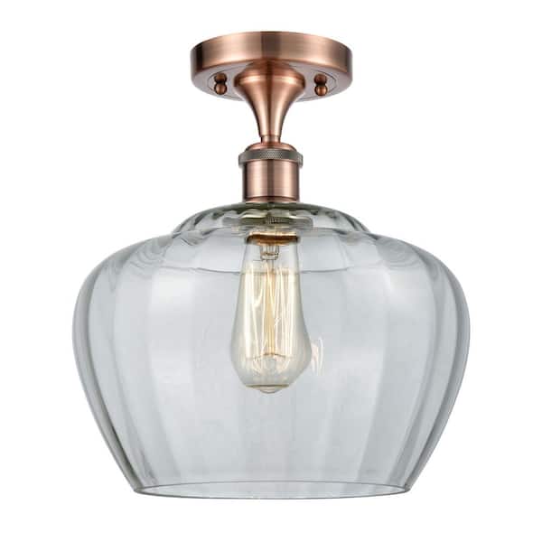Fenton 11 in. 1-Light Antique Copper Industrial Semi-Flush Mount with Clear Glass Shade