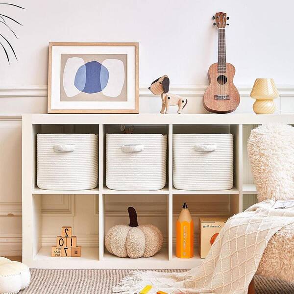 White 11 in. x 11 in. Cotton Decorative Basket (Set of 3) with