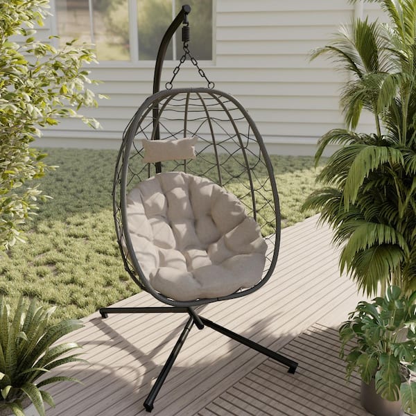 Summit Egg Shape Outdoor Single Person Patio Swing Chair Metal Stand Foldable Round Shell Removable Cushions Light Brown