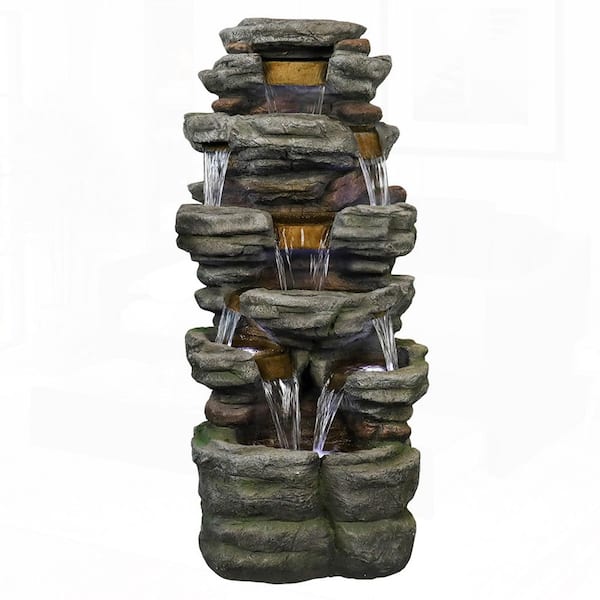 47. 2in. H Resin 6-Tier Cascading Rock Tiered Fountain with LED Lights, Natural Stone Look for Patio, Yard, and Deck