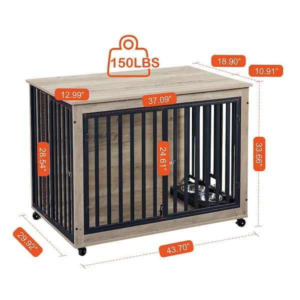 Foobrues Furniture Style Dog Crate Side Table With Feeding Bowl, Wheels, 3-Doors, Flip-Up Top for Small to Medium Dog