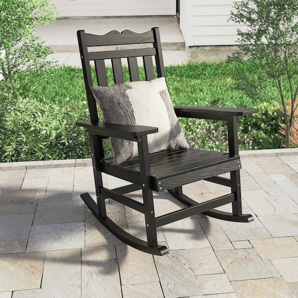 Patio Adirondack Chair Plastic 350 lbs. for Deck and Balcony Multi-Use Like Real Wood Outdoor Rocking Chair in Black