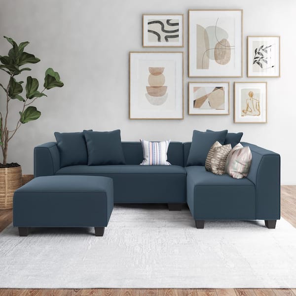 Handy Living - Blue L-Shaped Sofa 4-Seater Sectional Depot Home The Polyester Right-Facing 3-Piece Caribbean with Ottoman Phoenix PHX-SEC-CNF55