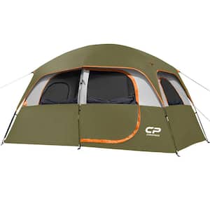 11 ft. x 7 ft. 6-Person Easy Up Camping Dome Tent Ground Pegs and Stability Poles, Sun Shelter Olive Green