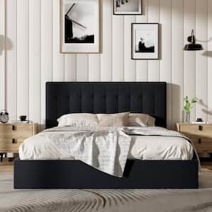 Black Frame Queen Size Upholstered Platform Bed with Lift-up Storage Supported by Metal and Wooden Slats