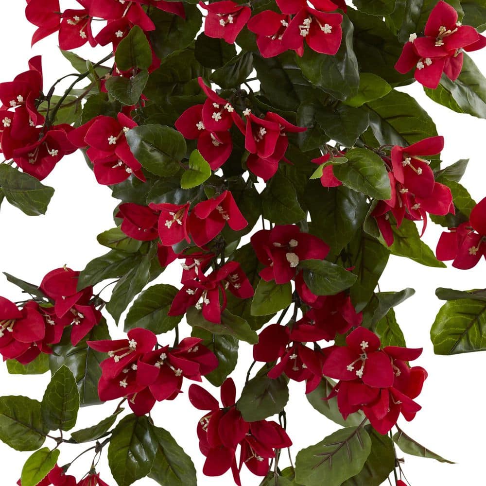 28" Red Bougainvillea Hanging Bush Artificial Plant Set