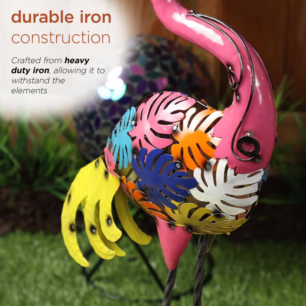 Colorful Metal Flamingo Garden Statue with Palm Leaf Design