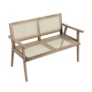 2-Person Natural Wood Outdoor Bench with Armrests and Rattan Backrest